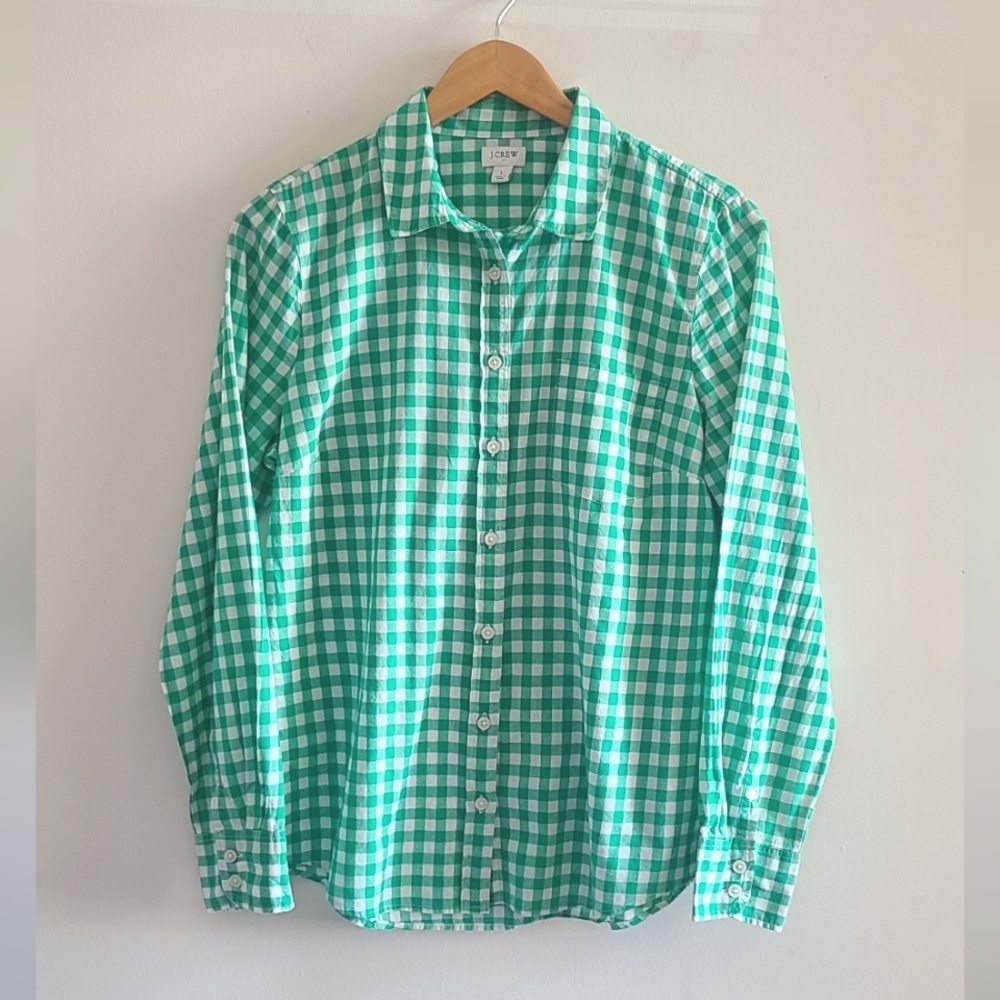 J Crew Factory Cotton Long Sleeve Green and White Gingham Button Down Size Large